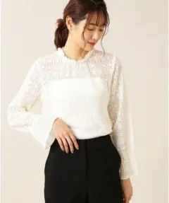 B295NBB長袖総レースブラウス花柄クルーネックコットン綿ホワイト白キレイめ