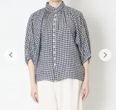 Brocanteリネン素材のグランシャツ　ブラックギンガムチェック