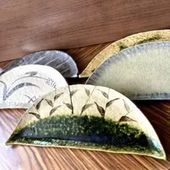 【瀬戸焼 愛陶】織部 絵変 半月皿 5客 盛皿 焼魚皿 和食器のサムネイル