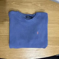 青 クルーネックセーター 刺繍ロゴ