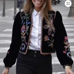 ZARA ボヘミアン花柄刺繍ベロアカーディガン