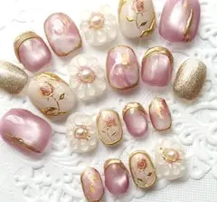 ネイルチップ ぷっくりお花/フラワー/大理石/薔薇/マグネットフルサイズb949