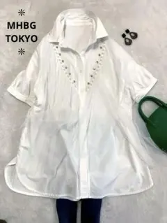 【MHBG TOKYO】五部袖コットンオーバーシャツブラウス　パール飾り　白　Ｆ