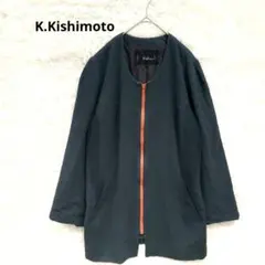 キシモト　ノーカラーブルゾン　薄手アウター　ネイビー　M ジップアップ