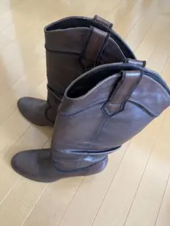 本革ロングブーツ ダークブラウン 24.5cm シャーリング ウエスタンブーツ