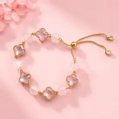 天然ローズクォーツ クローバーブレスレット ピンク×ゴールド サイズ調節可能