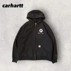 【カーハート】ジップパーカー　裏地サーマル　黒　L 企業ロゴ　ボロ　人気古着 p