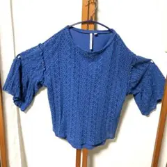 大幅値下げレース編み 青 五分袖 トップスアンダーTシャツ付き