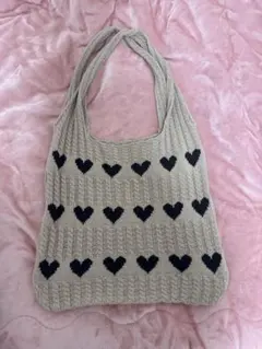ハート模様 ベージュ ニット トートバッグ