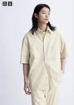 大人気！ユニクロＵ オーバーサイズチェックシャツ（５分袖）ナチュラル(30) M