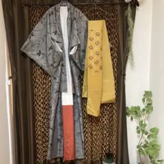 グレーオレンジ花模様着物と黄色帯