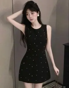 ノースリーブワンピース ラインストーン 黒