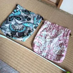 蝶柄と花柄の巾着袋　2点セット