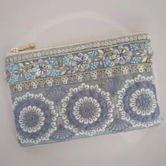 インド刺繍リボン　ちょっと大きめフラットポーチ