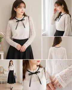 【美品】アベイル　長袖　総レース フリルネック カットソー ブラウス Ｌ　白のサムネイル