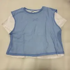 H&M 重ね着風 半袖Tシャツ ライトブルー Lサイズのサムネイル