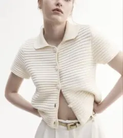 【H&M】襟付き 半袖リブニットカーディガン オフホワイト Sサイズ