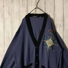 日本製 古着 カーディガン 刺繍ロゴ ネイビー バイカラー 太アーム ゆるダボのサムネイル
