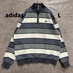 アディダス メンズハーフジップスウェット L相当 紺 ボーダー【7581】