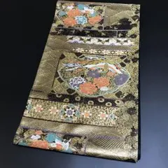 ［6469］袋帯 美品 鳳凰花立波 唐織 金糸 六通 正絹 着物 黒 フォーマル