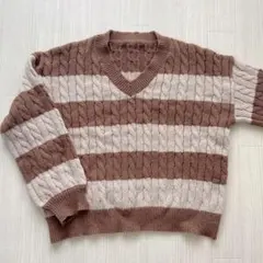 ボーダーニット　ブラウン　ベージュ　Lサイズ　Ｖネック