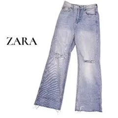 ZARA　ハイライズ　ワイドストレートパンツ　ダメージ加工　薄色