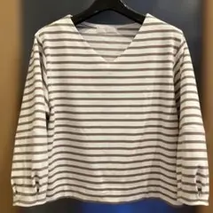 any S/S ストライプ 五分袖 Vネック トップス