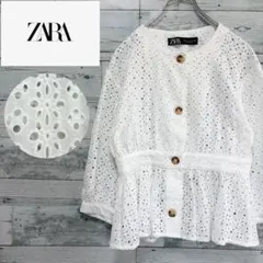 ☆ほぼ未使用☆ザラ　ペプラム七分袖ブラウス　透かしレース刺繍　ナチュラル系