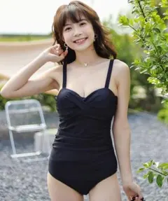 新品☆TeddyShop☆クロスバンド風ウエストギャザーオールインワン水着♪黒M