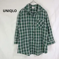 UNIQLO◇ユニクロ　七分袖チェックシャツ【M】グリーン　グリーン　春　キッズ