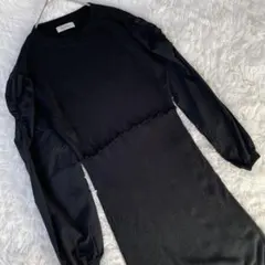 humpy 切り替えリブニットワンピース　異素材　ブラック　ロング◆A635