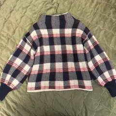 《ハニーサックルローズ》チェック柄ハイネックニット【M】ネイビー×ホワイト