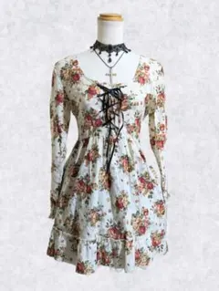 フェアリーグランジ y2k coquette 編み上げリボン 薔薇チュニック