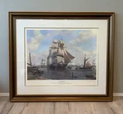 真作】絵画 油彩3号 静かな港に浮かぶ舟影 水面に映る港町の風景画