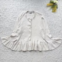 ジーユー×ロクコラボ✨リブフリルニットカーディガン　XL アイボリー　七分袖
