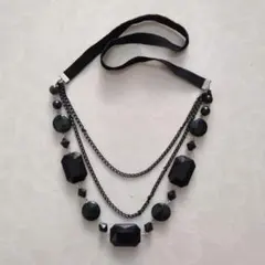 ヴィンテージ風ショートネックレス鎖骨チェーン微瑕疵ブラックビーズ多層首飾り黒