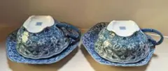 【美品】青色と白色の花柄カップとソーサー 2客セット