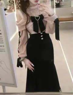 オフショルダーリボン付きロングワンピース