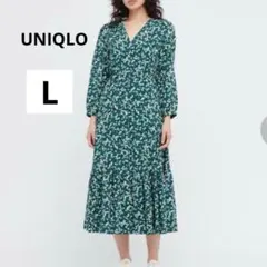 美品 ユニクロ L グリーン Vネック サイドポケット　花柄ワンピース ロング