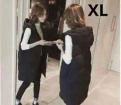 【再入荷】ロングベスト フード付き ダウンベストジャケット ノースリーブブラック