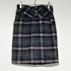 n1097 【ミーア】チェック柄 ミニスカート グレー×ピンク ウール混 F
