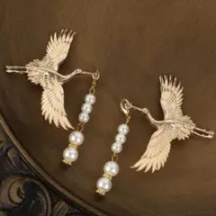 2個　和風鶴　ヘアピン　パール　チャイナ　ゴールド　ヘアクリップ　中華風　高見え