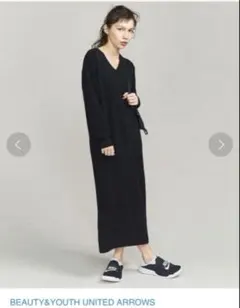 【ビューティー&ユース】　ウールカシミヤワイドリブVネックニットワンピース／F