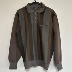 【美品】ニットポロシャツ 切替 マルチストライプ M ブラウン 短丈