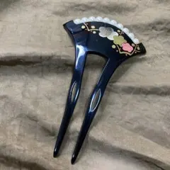 かんざし バチ型　扇形　黒　パール　梅の花　手書き? 花柄