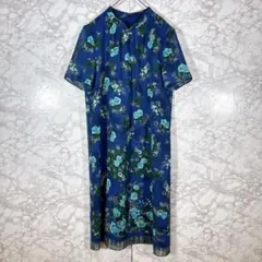 【スーナウーナ】ワンピース（青）M 日本製　バックファスナー　Ｖネック　膝丈