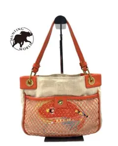 ハンティングワールド　刺繍　ハンドバッグ　バッグ　ブランド　オレンジ　キャンバス