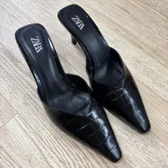 ZARA 黒 クロコダイル風 ミュールサンダル