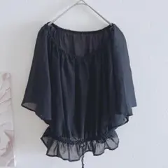 アースミュージック&エコロジー　シフォンシャツ ドローストリング袖　紺色　フリー