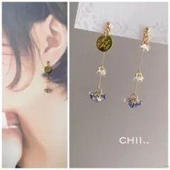 No.977 ファルファーレビーズピアス チェコビーズ 紫 アラスカブルー